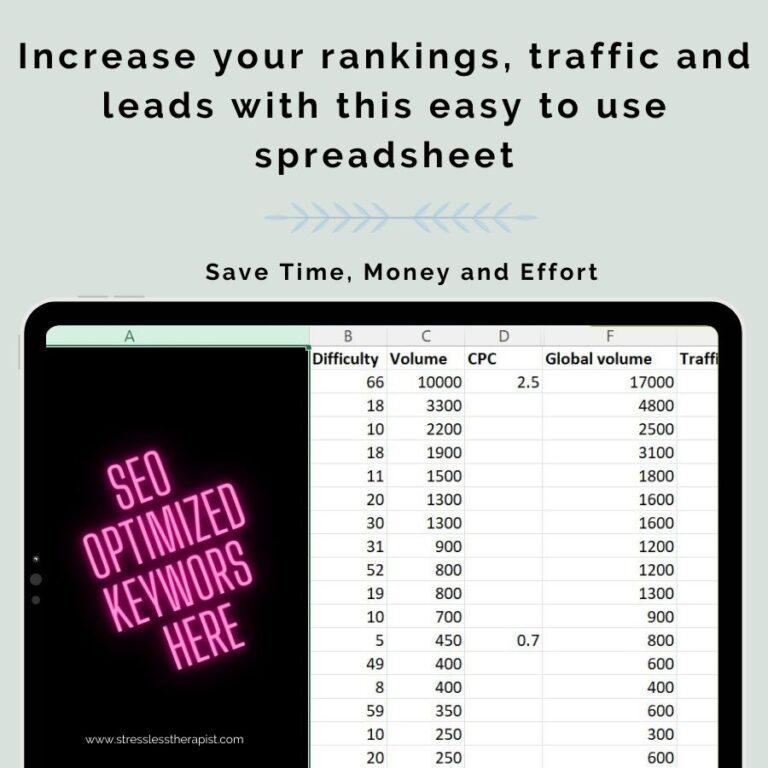 A tablet screen displaying a spreadsheet listing SEO optimized keywords with columns for difficulty, volume, CPC, global volume, and traffic. Text above the image promotes an easy-to-use SEO spreadsheet for increasing rankings and leads. | Stresslesstherapist.com