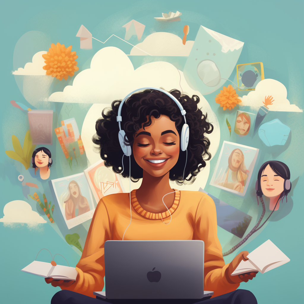 A smiling woman with curly hair wears headphones, sits in front of a laptop, and holds open books. Illustrations float around her, symbolizing creativity, learning, connection—and the inspiration behind effective marketing strategy for therapists. | Stresslesstherapist.com