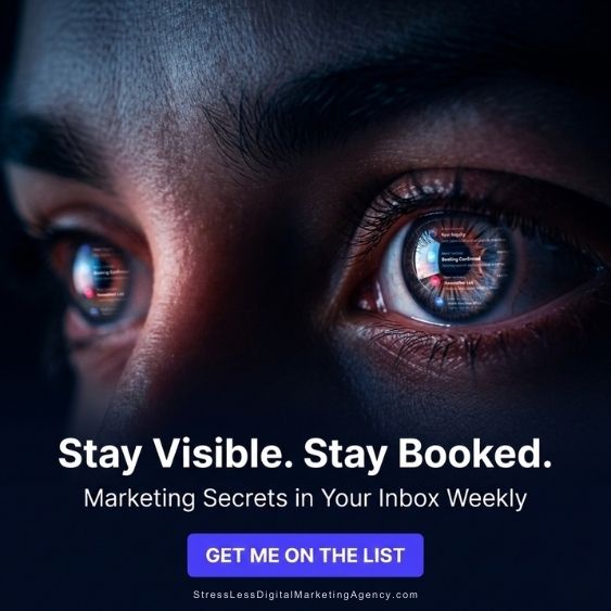 A close-up of a persons eyes reflecting a digital screen, with text reading Stay Visible. Stay Booked. Marketing Secrets in Your Inbox Weekly. A purple button below says, GET ME ON THE LIST. | Stresslesstherapist.com